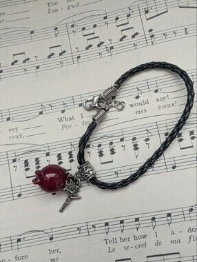 Black Braided Cord Bracelet with Red Glass Pomegranate Charm